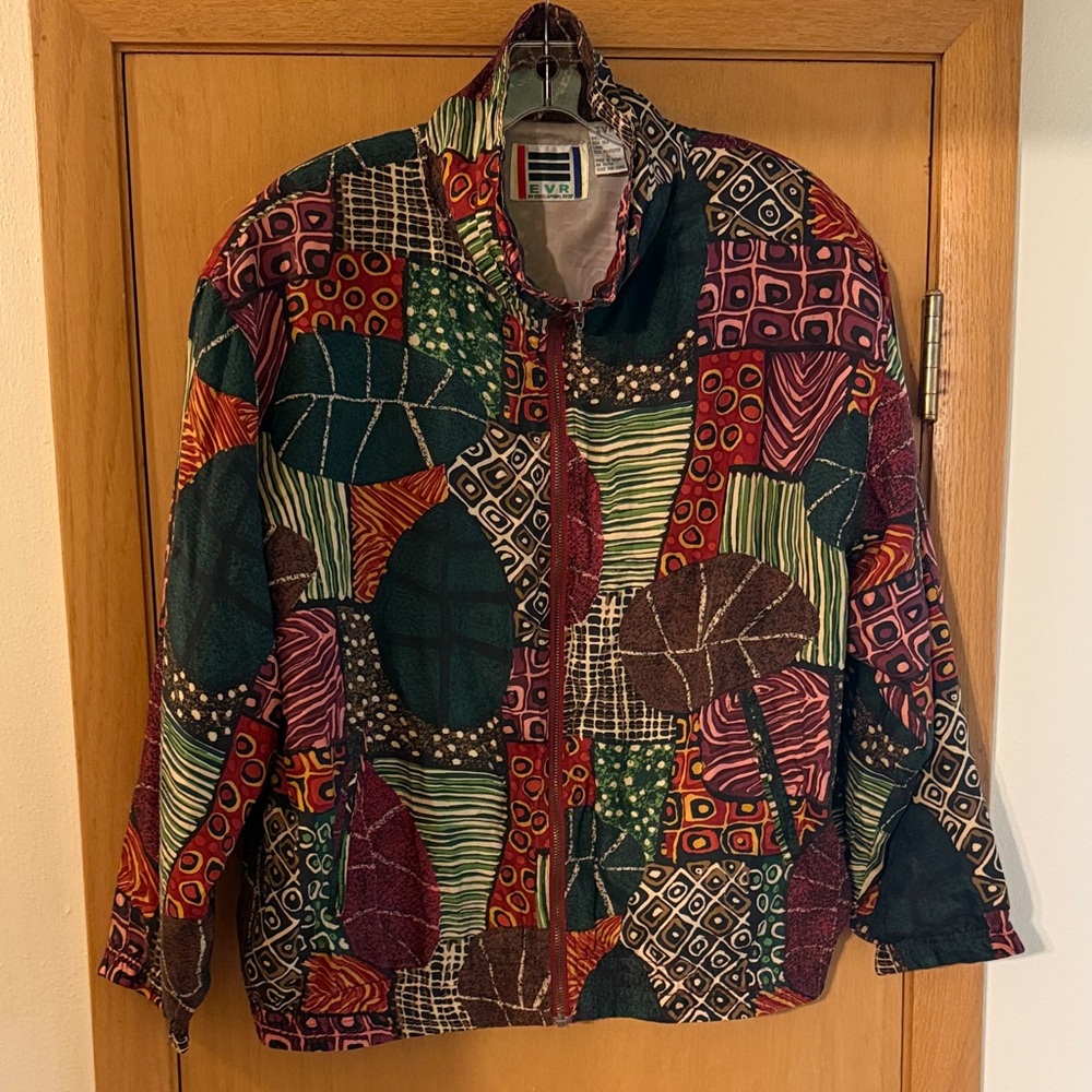 EVR Women’s Vintage Silk Geometric Leaf Pattern Jacket Green Size Large